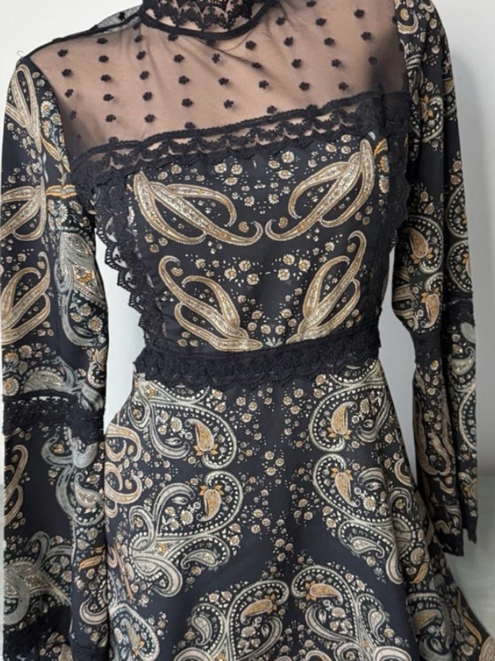 cupcakes & cashmere Black Paisley Midi Dress with Sheer Dot Yoke